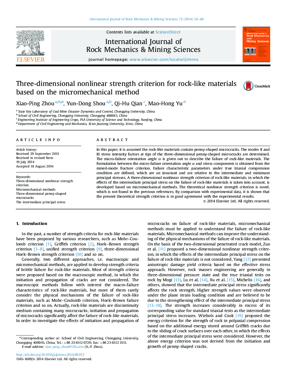 Three-dimensional nonlinear strength criterion for rock-like materials based on the micromechanical method