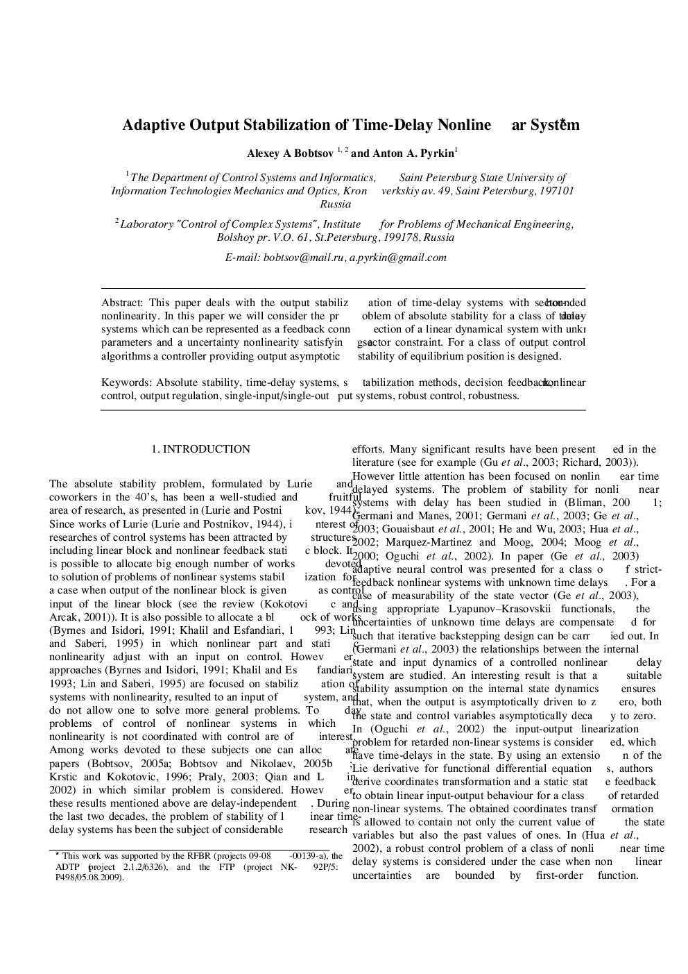Adaptive Output Stabilization of Time-Delay Nonlinear System 