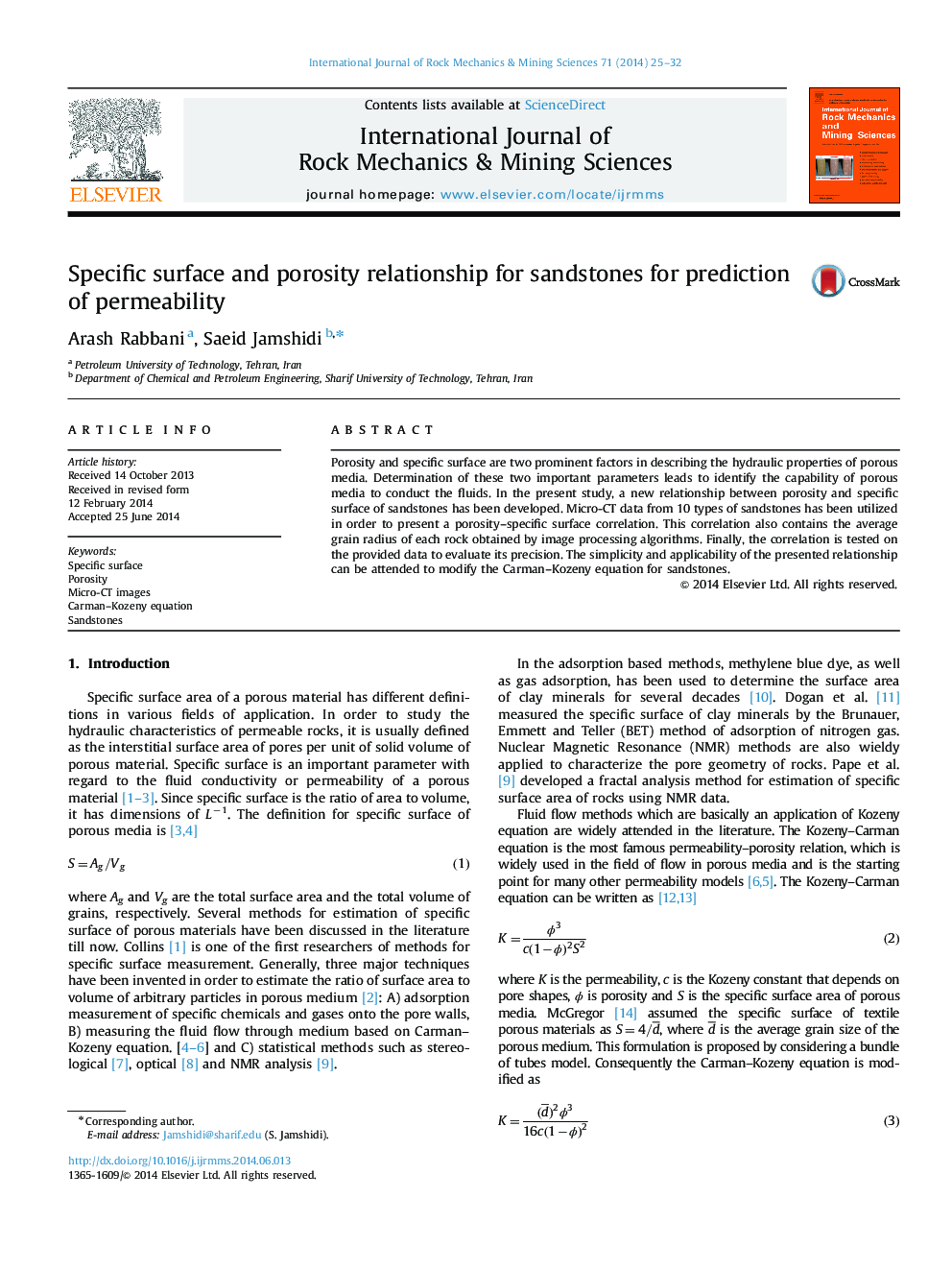 Specific surface and porosity relationship for sandstones for prediction of permeability