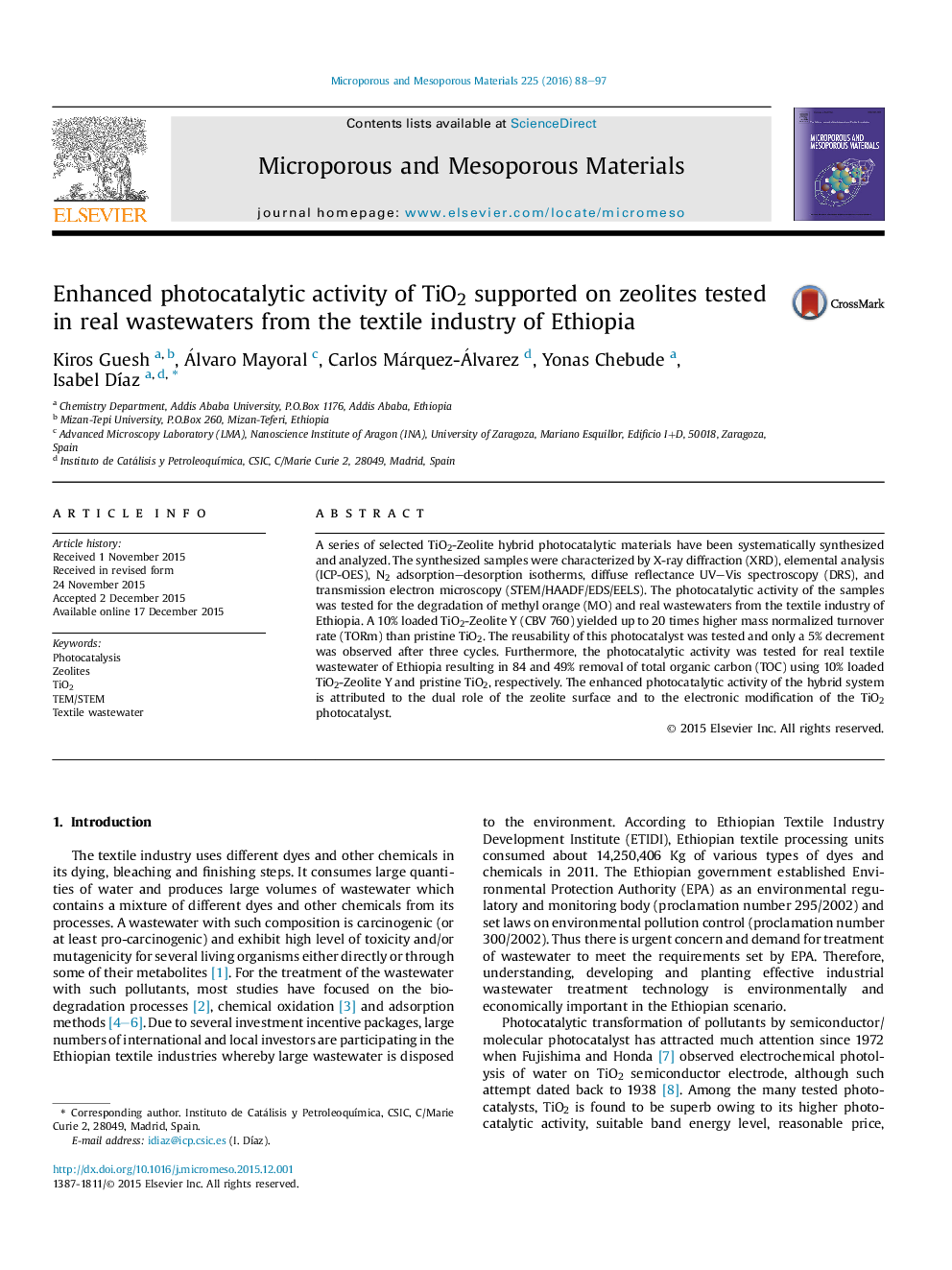 عکس صفحه اول مقاله: Enhanced photocatalytic activity of TiO2 supported on zeolites tested in real wastewaters from the textile industry of Ethiopia Enhanced photocatalytic activity of TiO2 supported on zeolites tested in real wastewaters from the textile industry of Ethiopia