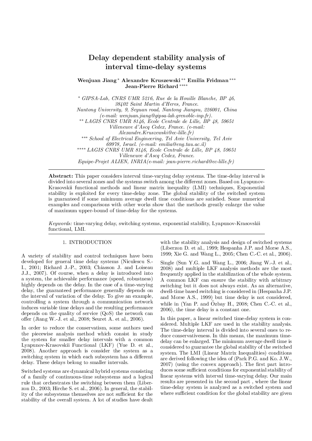 عکس صفحه اول مقاله: Delay dependent stability analysis of interval time-delay systems Delay dependent stability analysis of interval time-delay systems