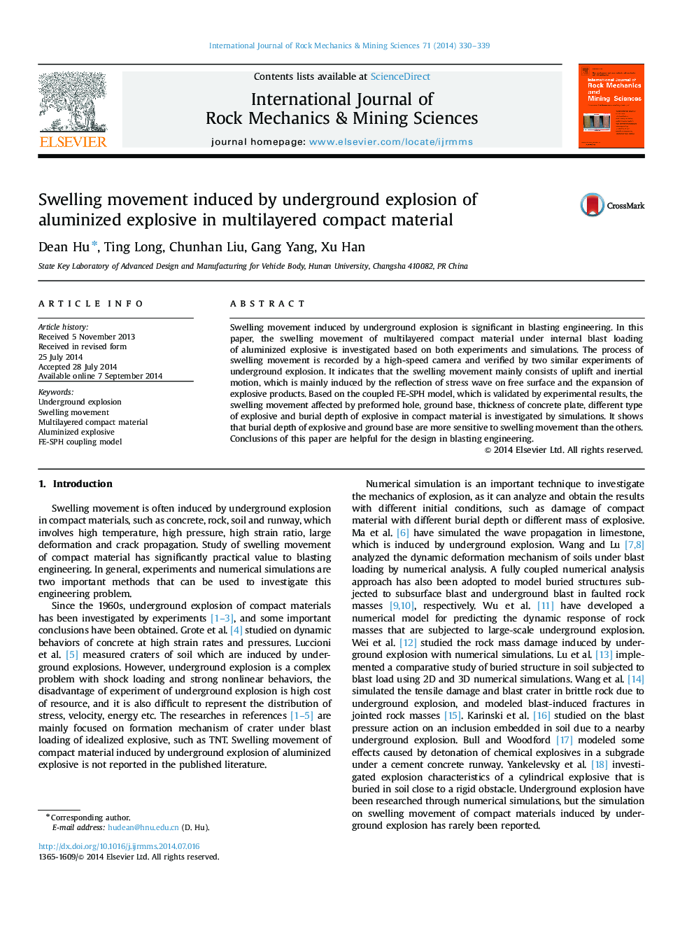 Swelling movement induced by underground explosion of aluminized explosive in multilayered compact material