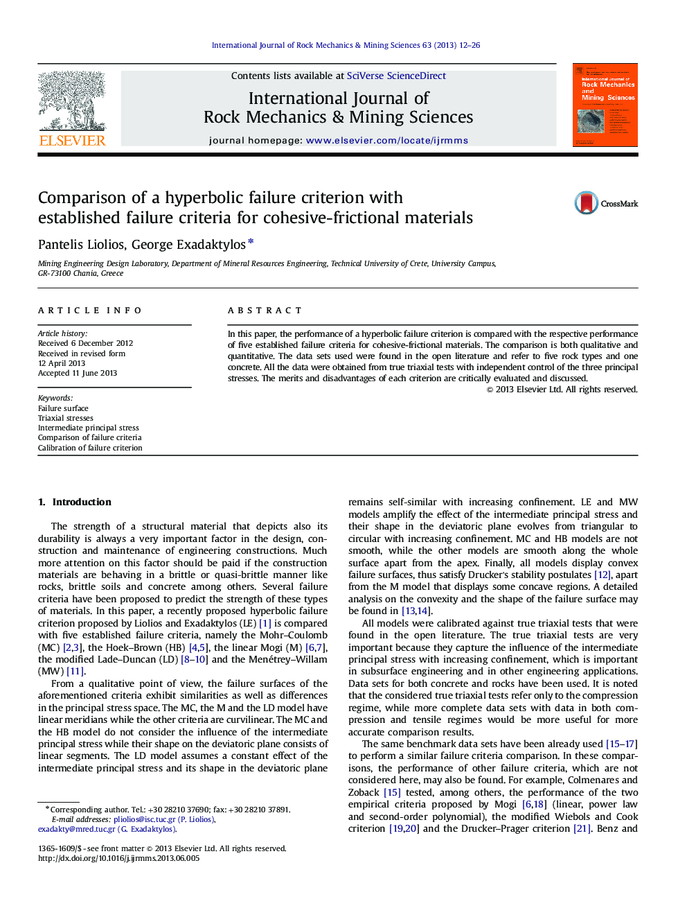 Comparison of a hyperbolic failure criterion with established failure criteria for cohesive-frictional materials