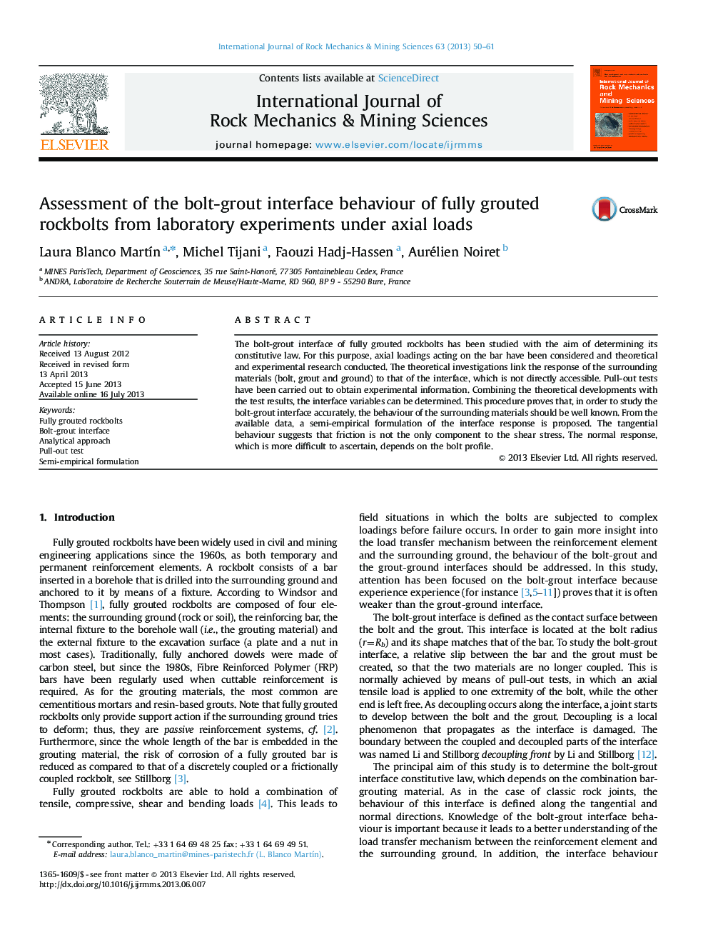 Assessment of the bolt-grout interface behaviour of fully grouted rockbolts from laboratory experiments under axial loads