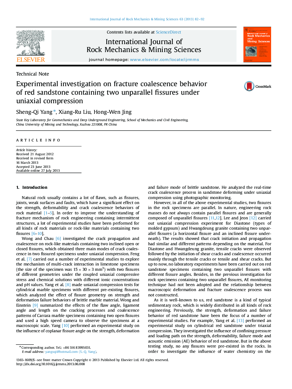 Experimental investigation on fracture coalescence behavior of red sandstone containing two unparallel fissures under uniaxial compression