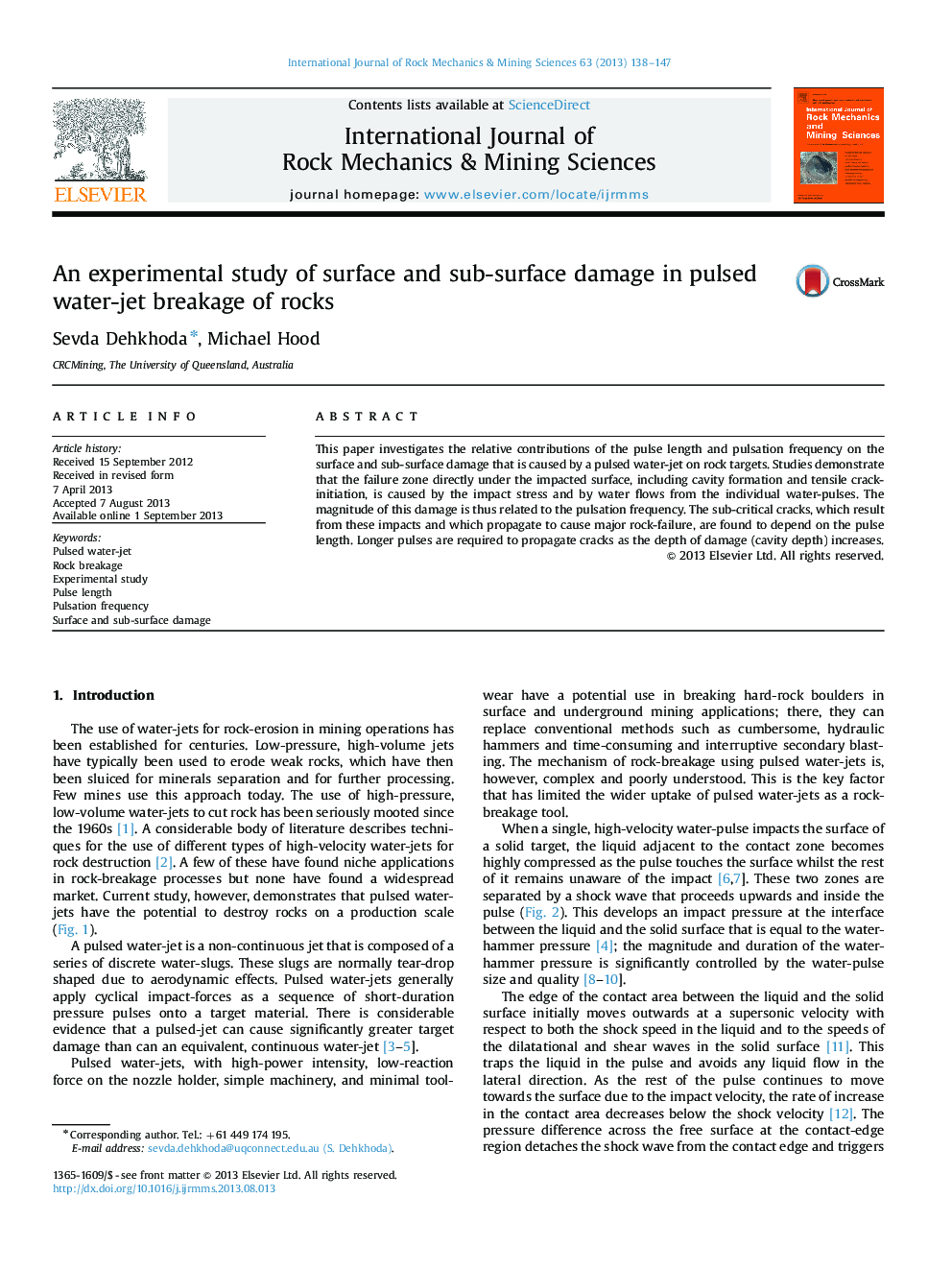 An experimental study of surface and sub-surface damage in pulsed water-jet breakage of rocks