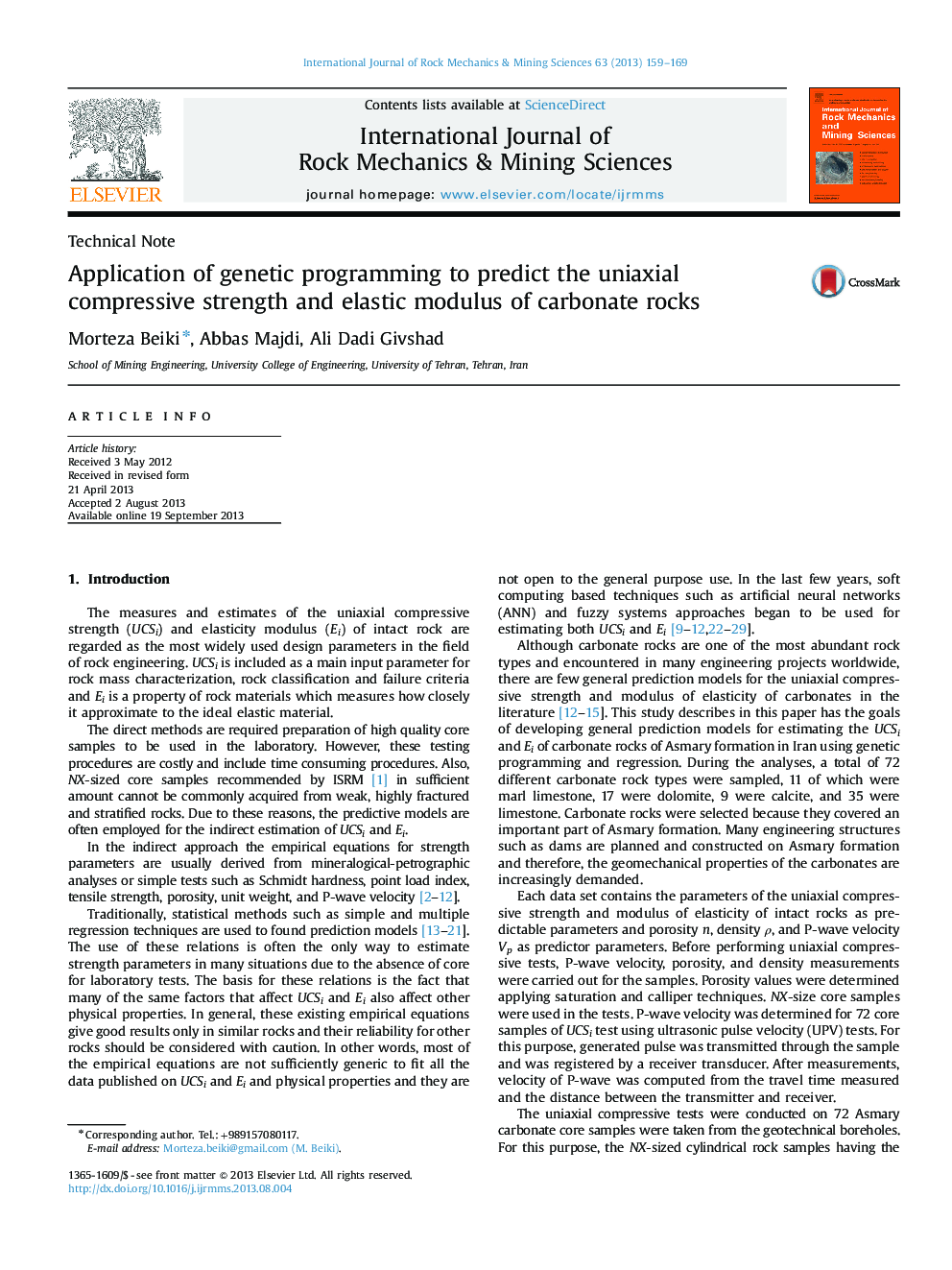 Application of genetic programming to predict the uniaxial compressive strength and elastic modulus of carbonate rocks