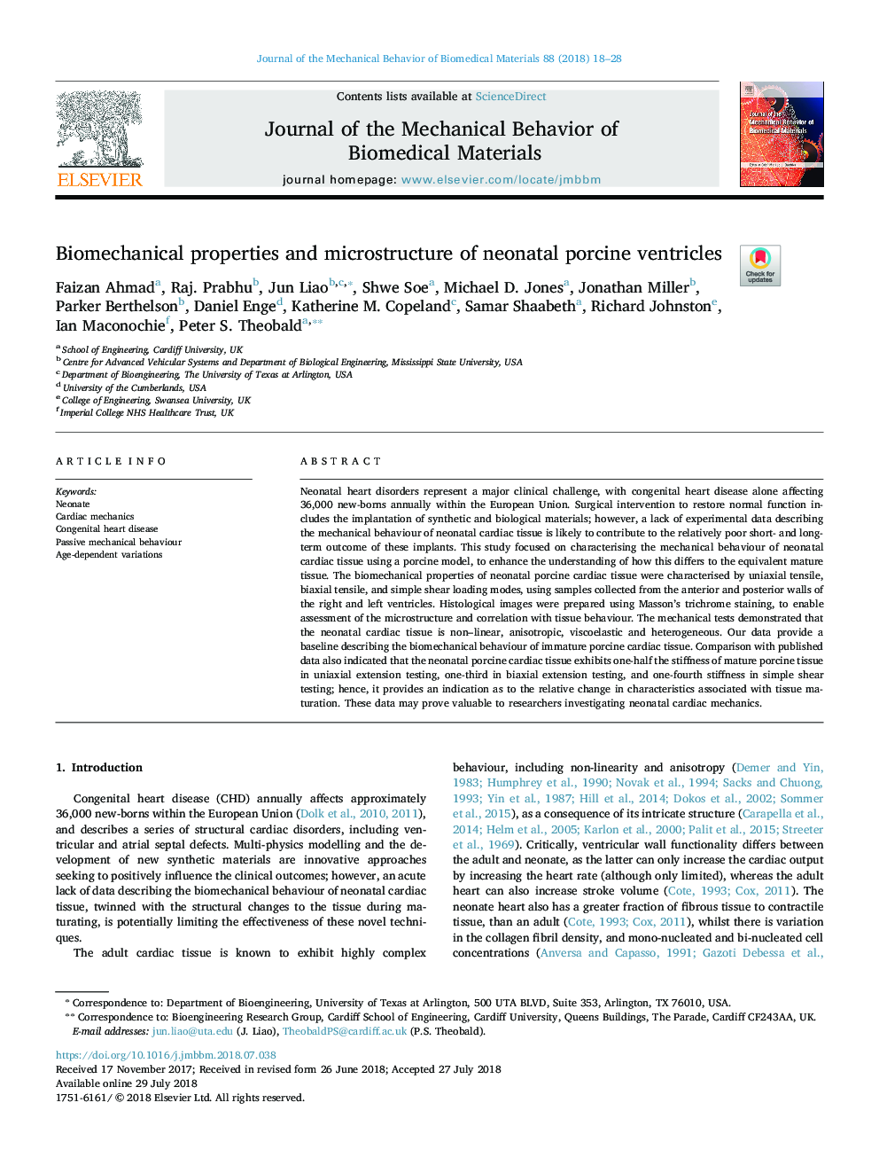 Biomechanical properties and microstructure of neonatal porcine ventricles