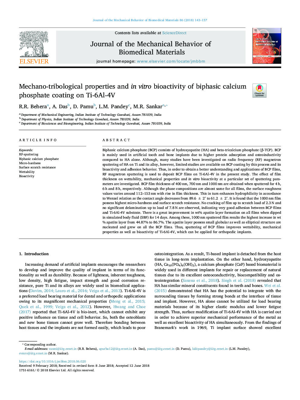 Mechano-tribological properties and in vitro bioactivity of biphasic calcium phosphate coating on Ti-6Al-4V