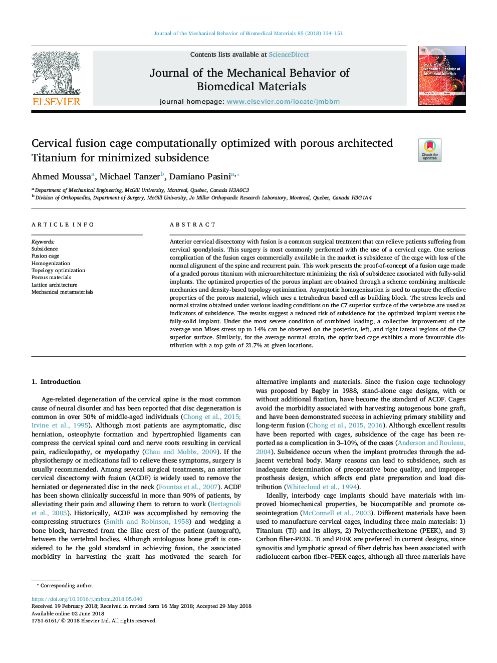 Cervical fusion cage computationally optimized with porous architected Titanium for minimized subsidence