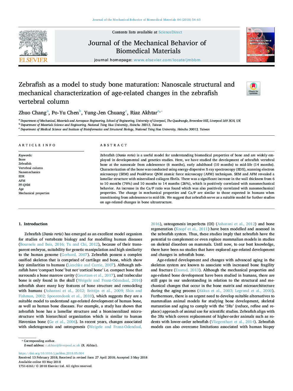 Zebrafish as a model to study bone maturation: Nanoscale structural and mechanical characterization of age-related changes in the zebrafish vertebral column