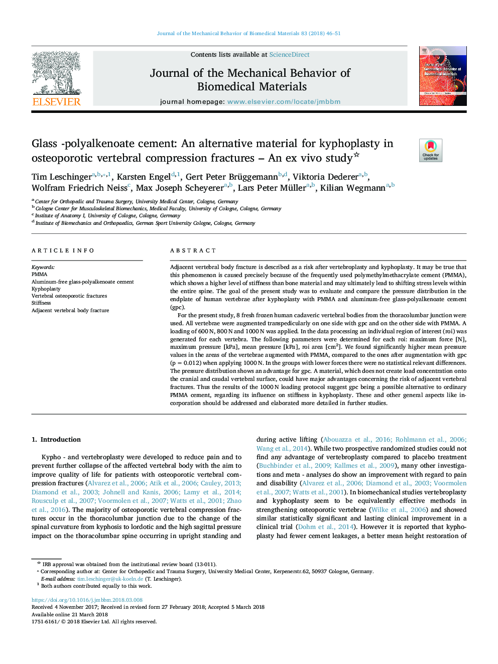 Glass -polyalkenoate cement: An alternative material for kyphoplasty in osteoporotic vertebral compression fractures - An ex vivo study