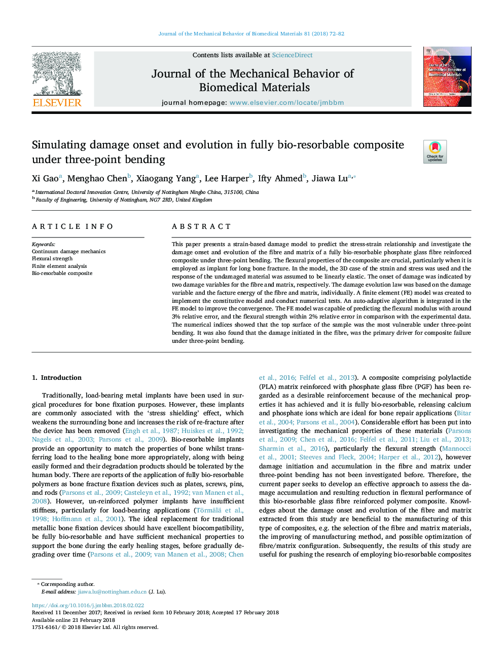 Simulating damage onset and evolution in fully bio-resorbable composite under three-point bending