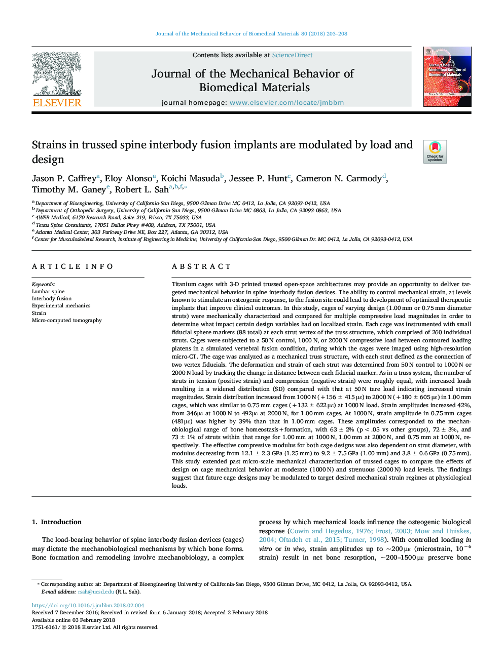 Strains in trussed spine interbody fusion implants are modulated by load and design