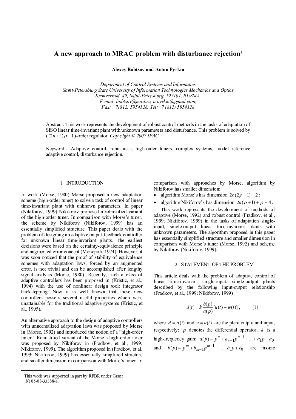 A new approach to MRAC problem with disturbance rejection1