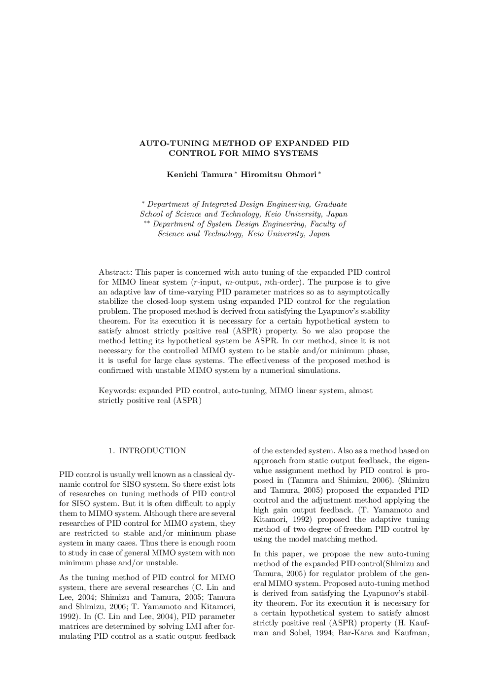 AUTO-TUNING METHOD OF EXPANDED PID CONTROL FOR MIMO SYSTEMS