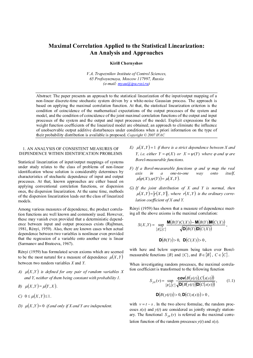 عکس صفحه اول مقاله: Maximal Correlation Applied to the Statistical Linearization: An Analysis and Approaches Maximal Correlation Applied to the Statistical Linearization: An Analysis and Approaches