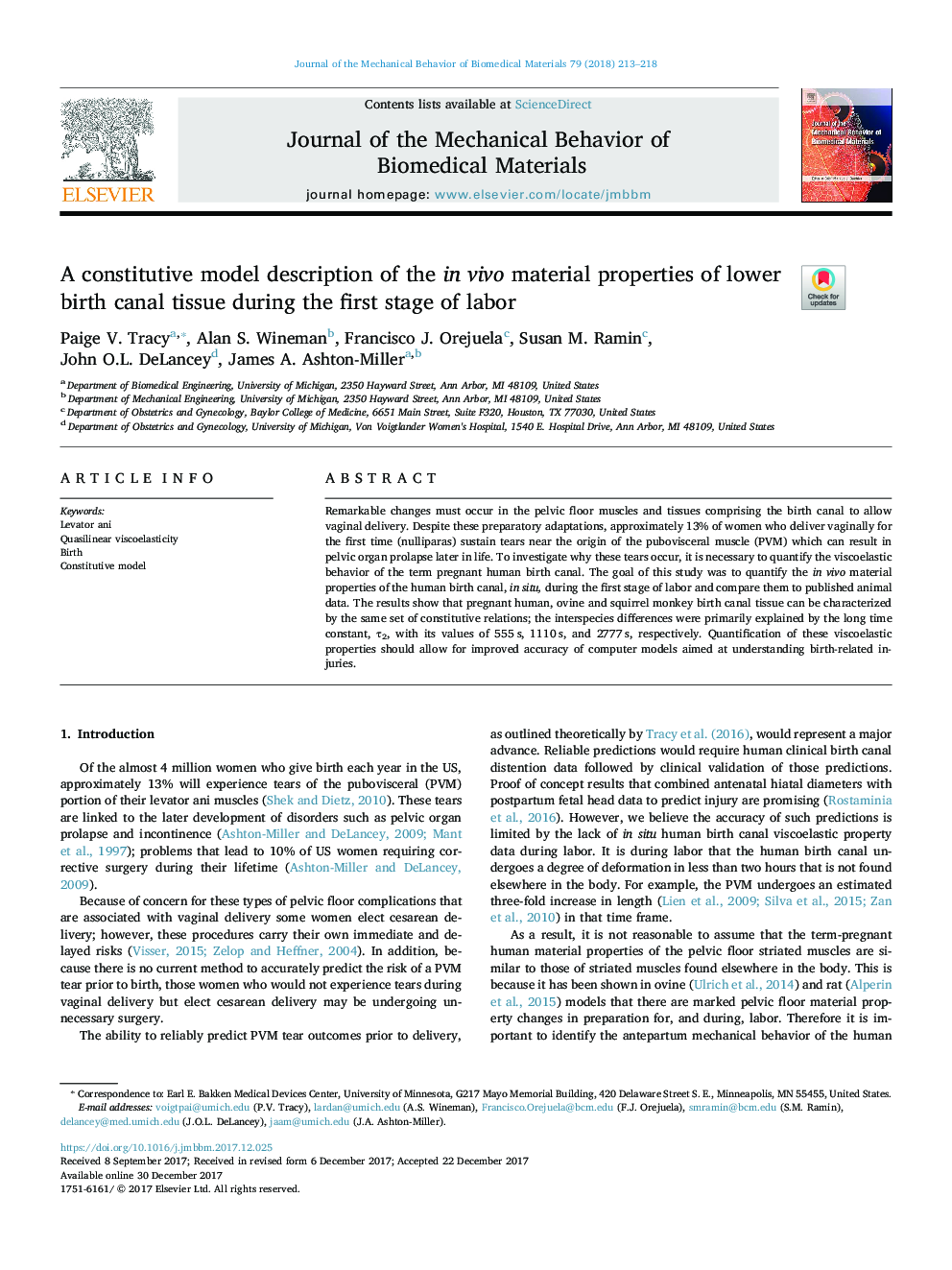 A constitutive model description of the in vivo material properties of lower birth canal tissue during the first stage of labor