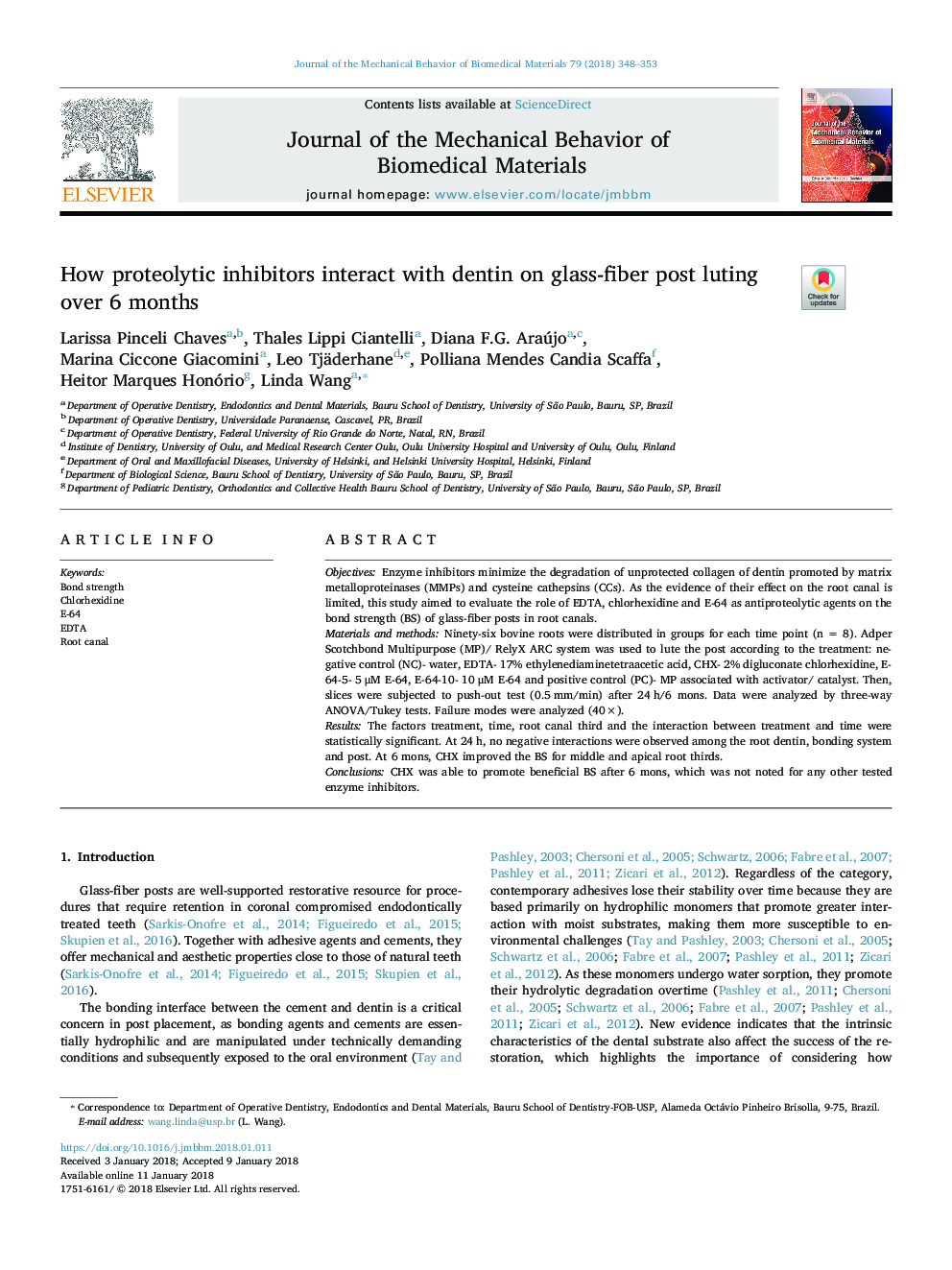 How proteolytic inhibitors interact with dentin on glass-fiber post luting over 6 months