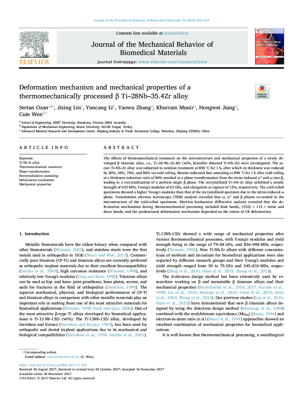 Deformation mechanism and mechanical properties of a thermomechanically processed Î² Ti-28Nb-35.4Zr alloy