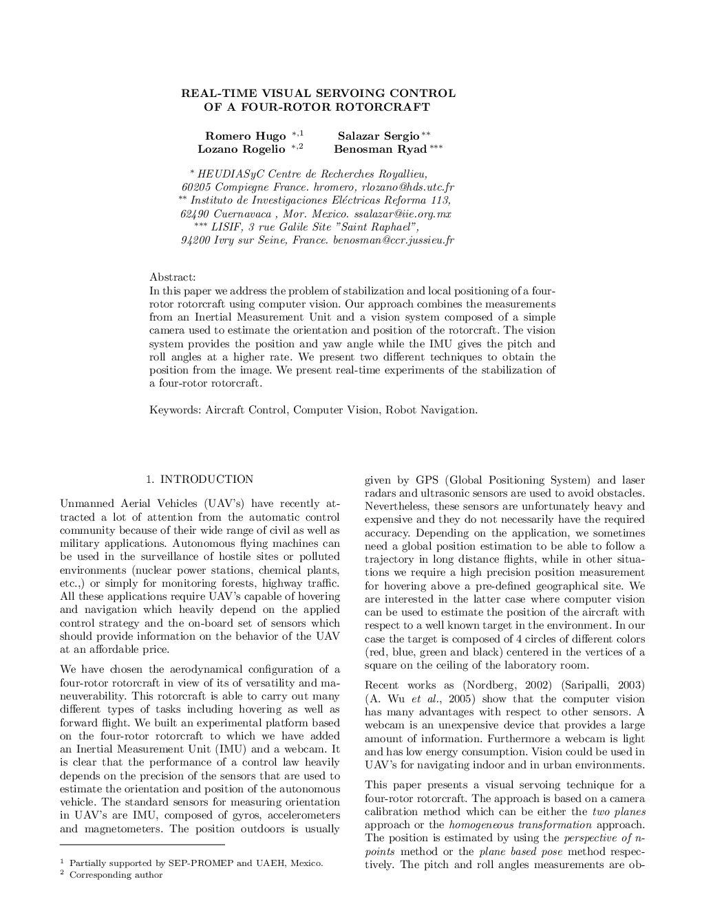 REAL-TIME VISUAL SERVOING CONTROL OF A FOUR-ROTOR ROTORCRAFT