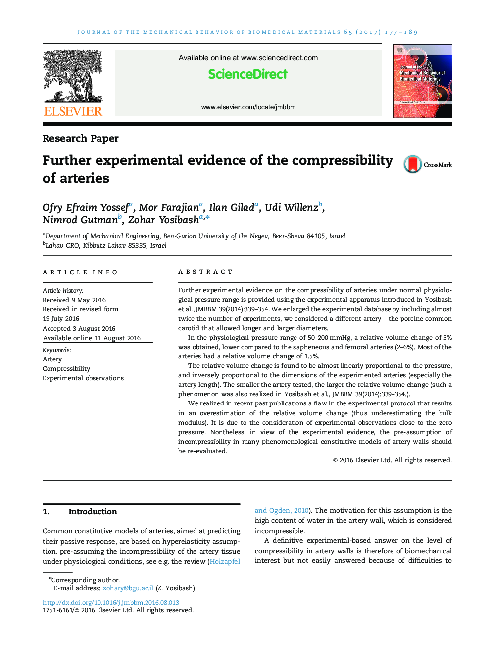 Further experimental evidence of the compressibility of arteries