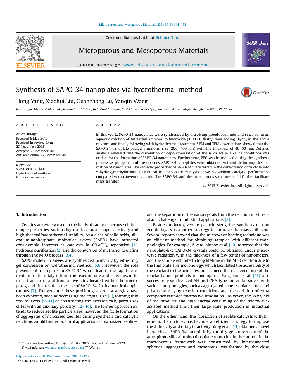 Synthesis of SAPO-34 nanoplates via hydrothermal method