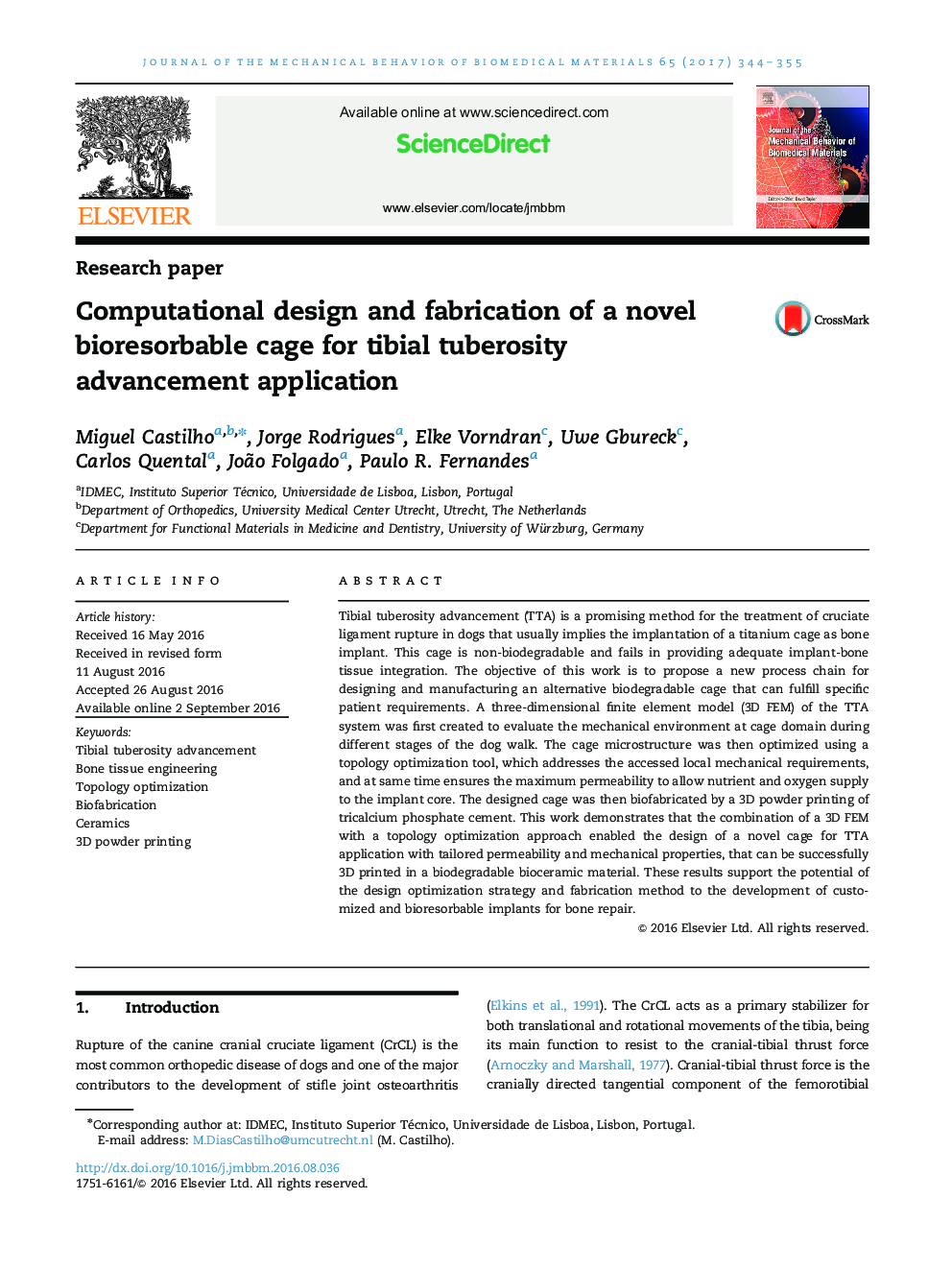 Computational design and fabrication of a novel bioresorbable cage for tibial tuberosity advancement application