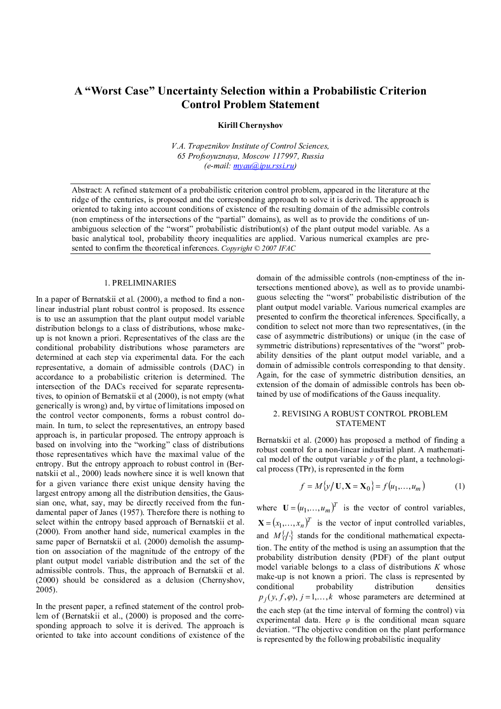 عکس صفحه اول مقاله: A “Worst Case” Uncertainty Selection within a Probabilistic Criterion Control Problem Statement A “Worst Case” Uncertainty Selection within a Probabilistic Criterion Control Problem Statement