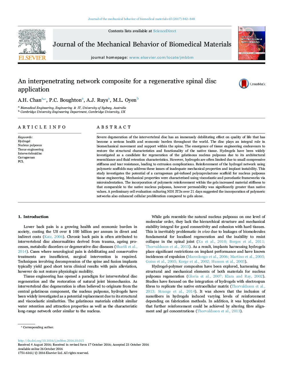 An interpenetrating network composite for a regenerative spinal disc application