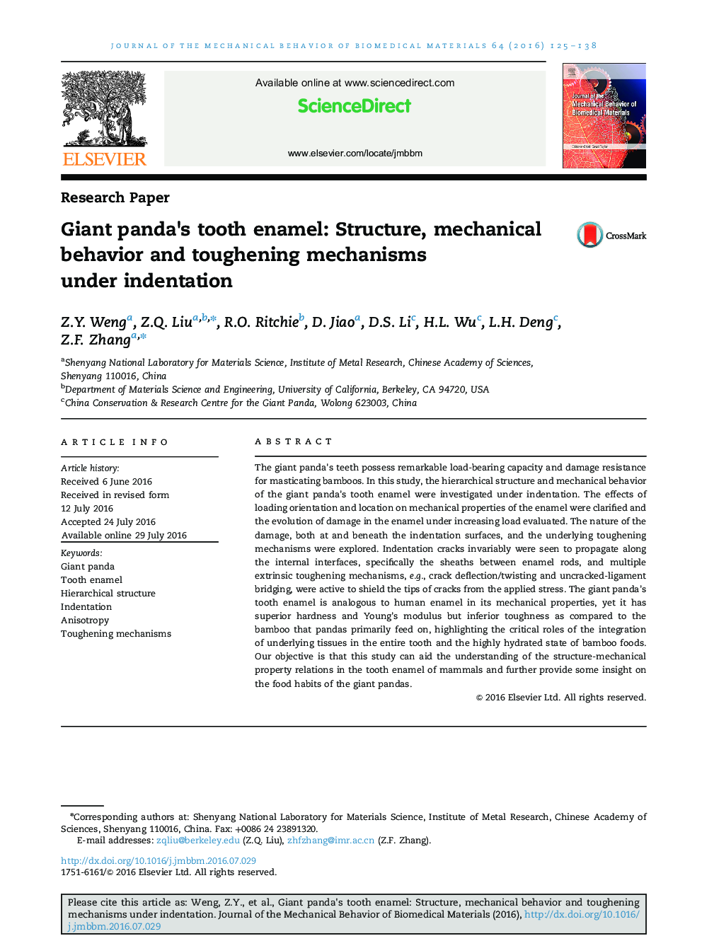 Giant panda×³s tooth enamel: Structure, mechanical behavior and toughening mechanisms under indentation