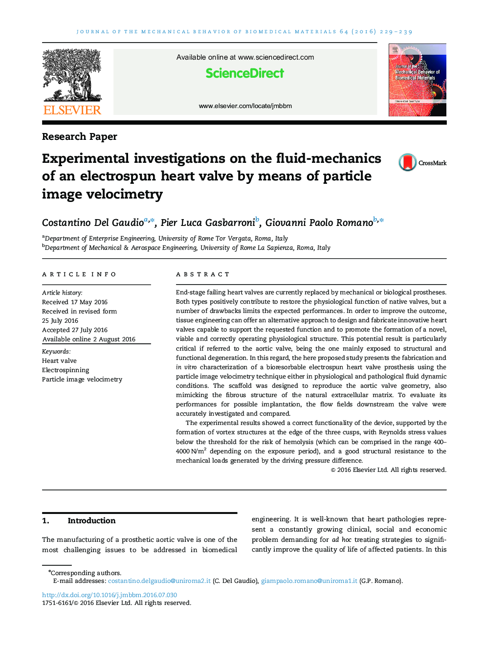 Experimental investigations on the fluid-mechanics of an electrospun heart valve by means of particle image velocimetry
