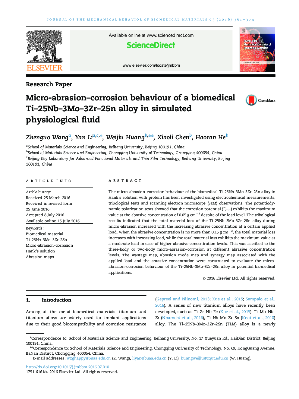 Micro-abrasion-corrosion behaviour of a biomedical Ti-25Nb-3Mo-3Zr-2Sn alloy in simulated physiological fluid