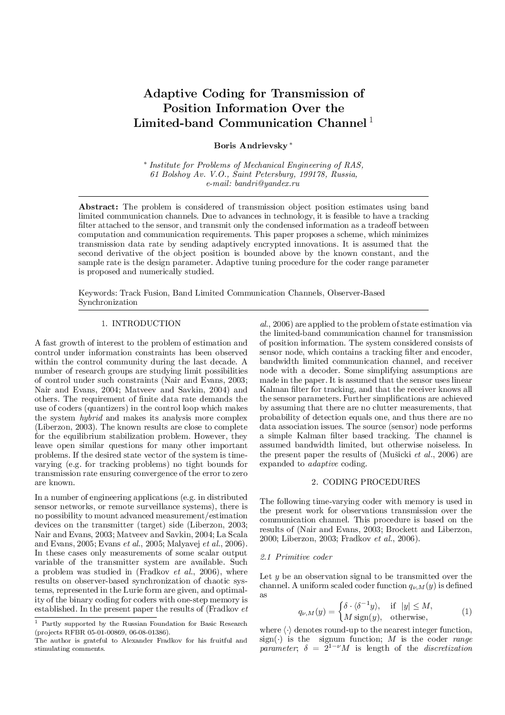 Adaptive Coding for Transmission of Position Information Over the Limited-band Communication Channel1