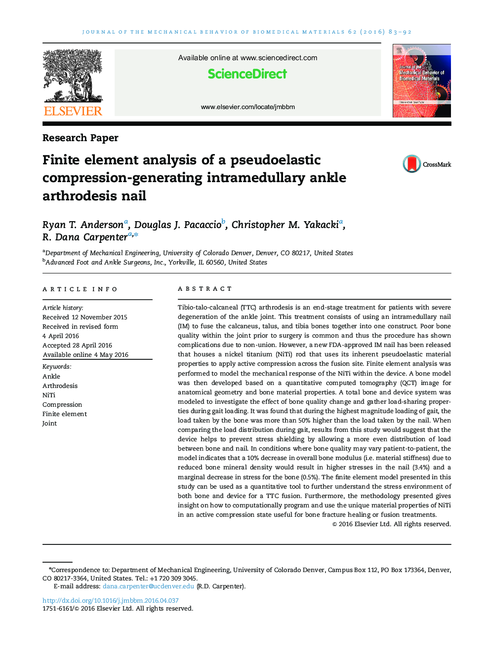 Finite element analysis of a pseudoelastic compression-generating intramedullary ankle arthrodesis nail