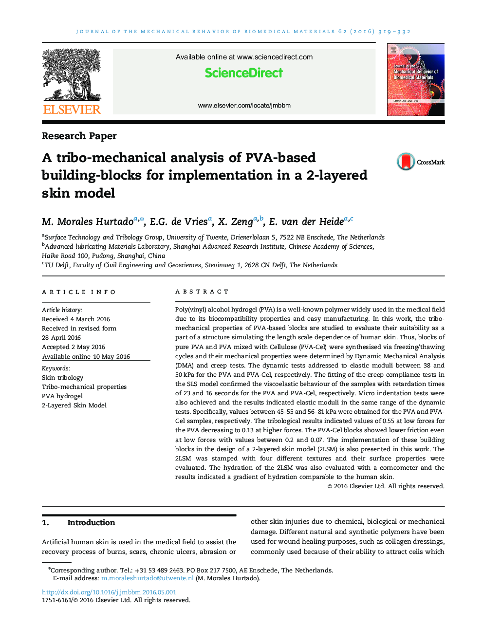 A tribo-mechanical analysis of PVA-based building-blocks for implementation in a 2-layered skin model