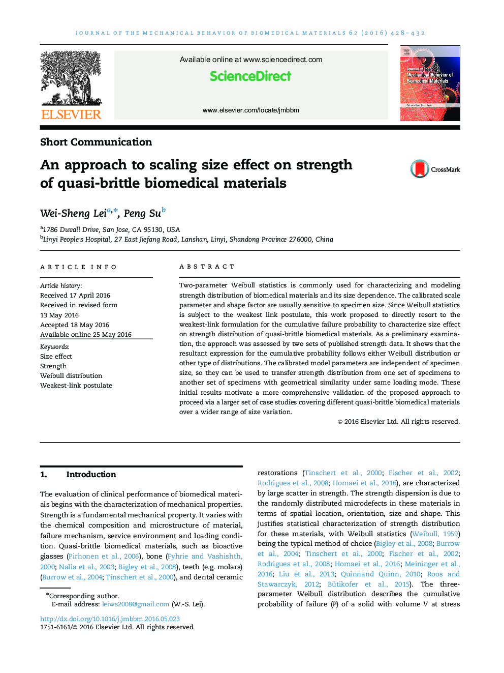 An approach to scaling size effect on strength of quasi-brittle biomedical materials
