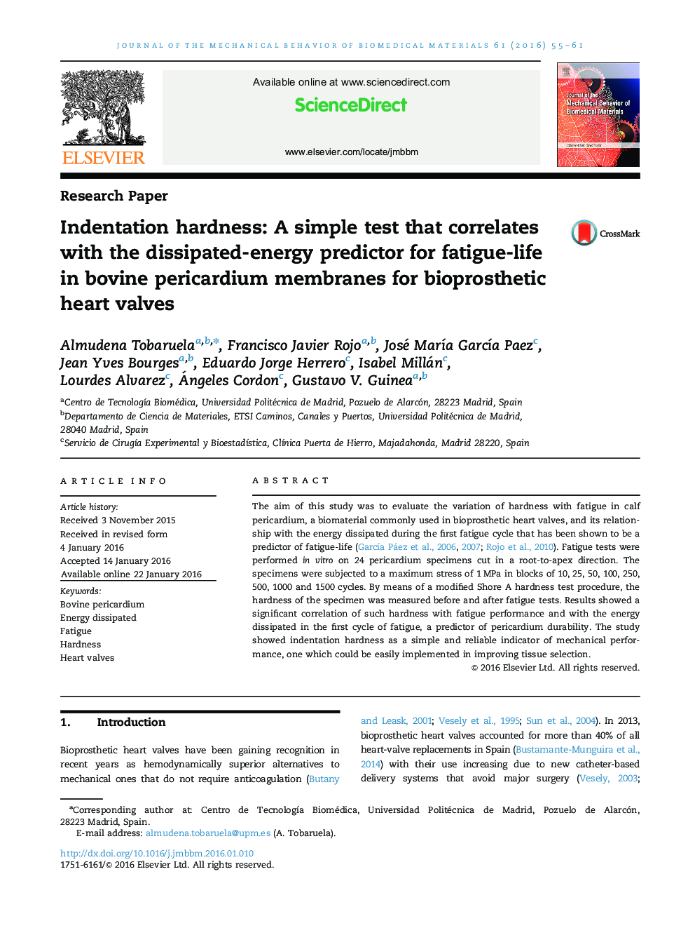 Indentation hardness: A simple test that correlates with the dissipated-energy predictor for fatigue-life in bovine pericardium membranes for bioprosthetic heart valves