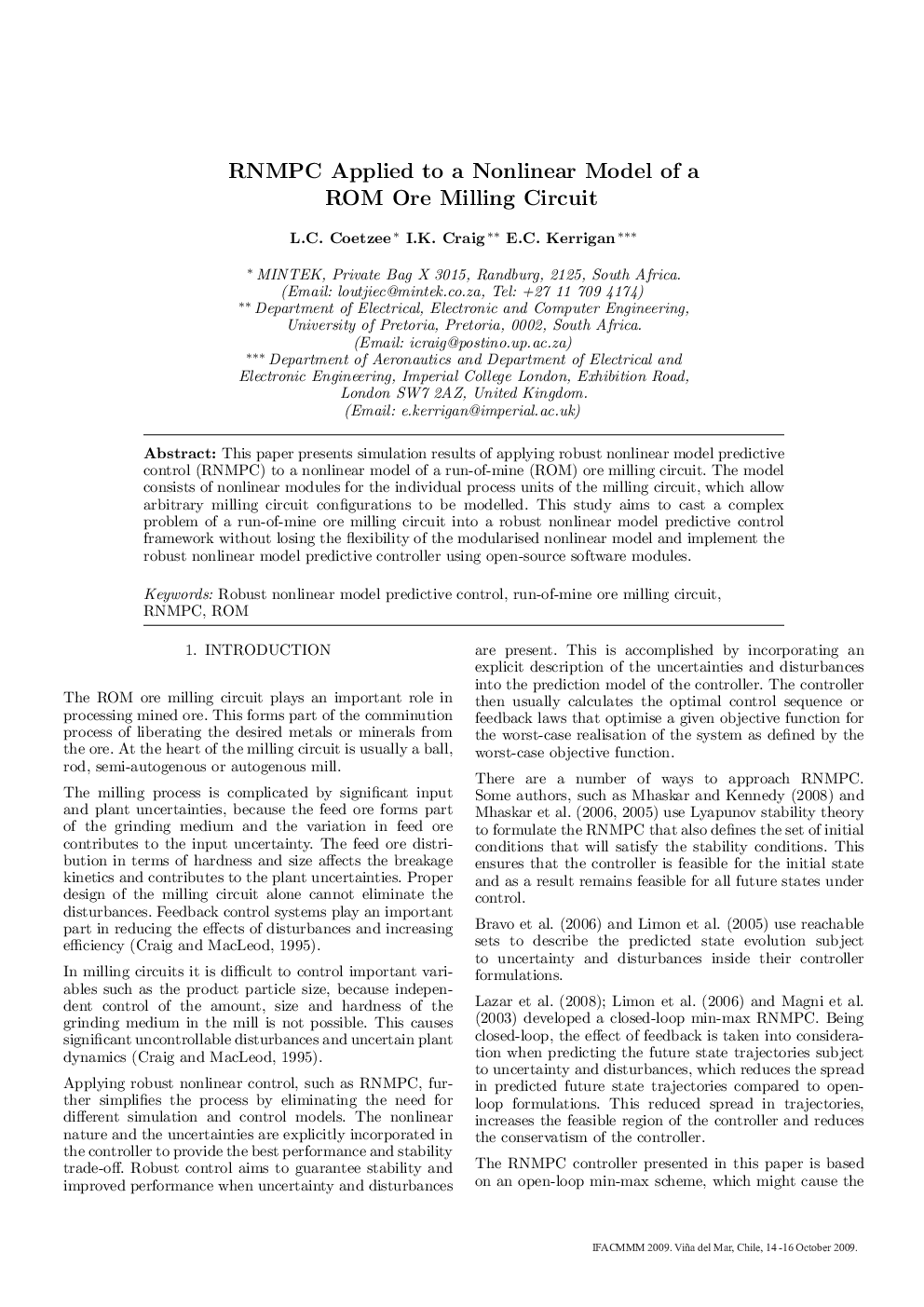 عکس صفحه اول مقاله: RNMPC Applied to a Nonlinear Model of a ROM Ore Milling Circuit RNMPC Applied to a Nonlinear Model of a ROM Ore Milling Circuit