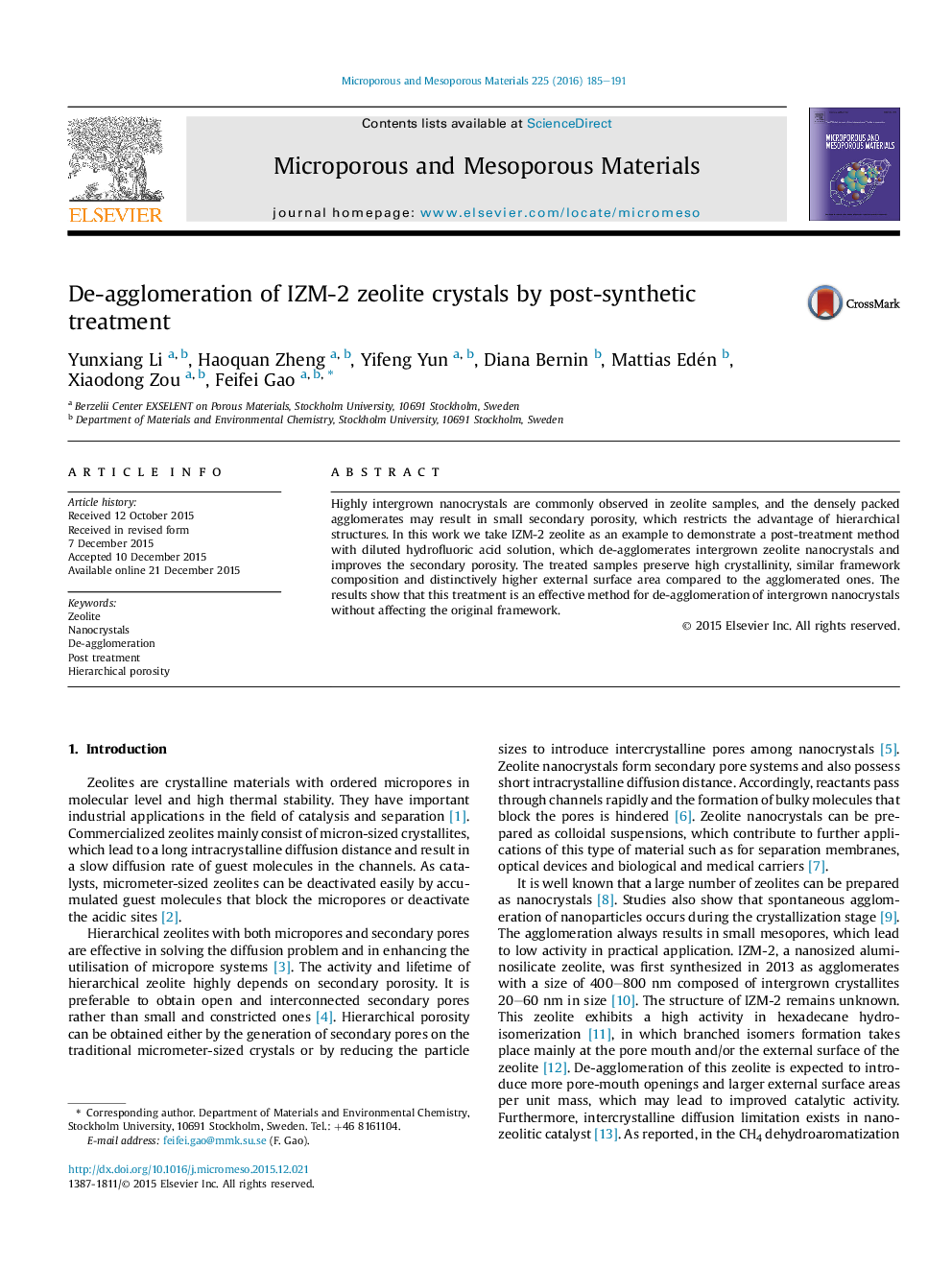 De-agglomeration of IZM-2 zeolite crystals by post-synthetic treatment