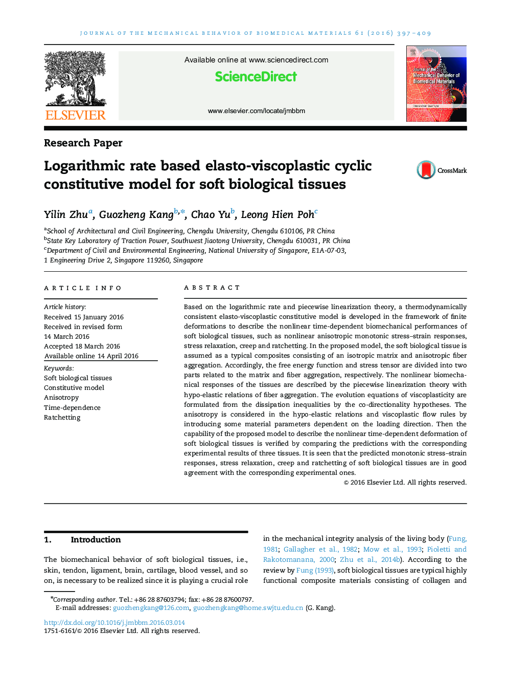 Logarithmic rate based elasto-viscoplastic cyclic constitutive model for soft biological tissues