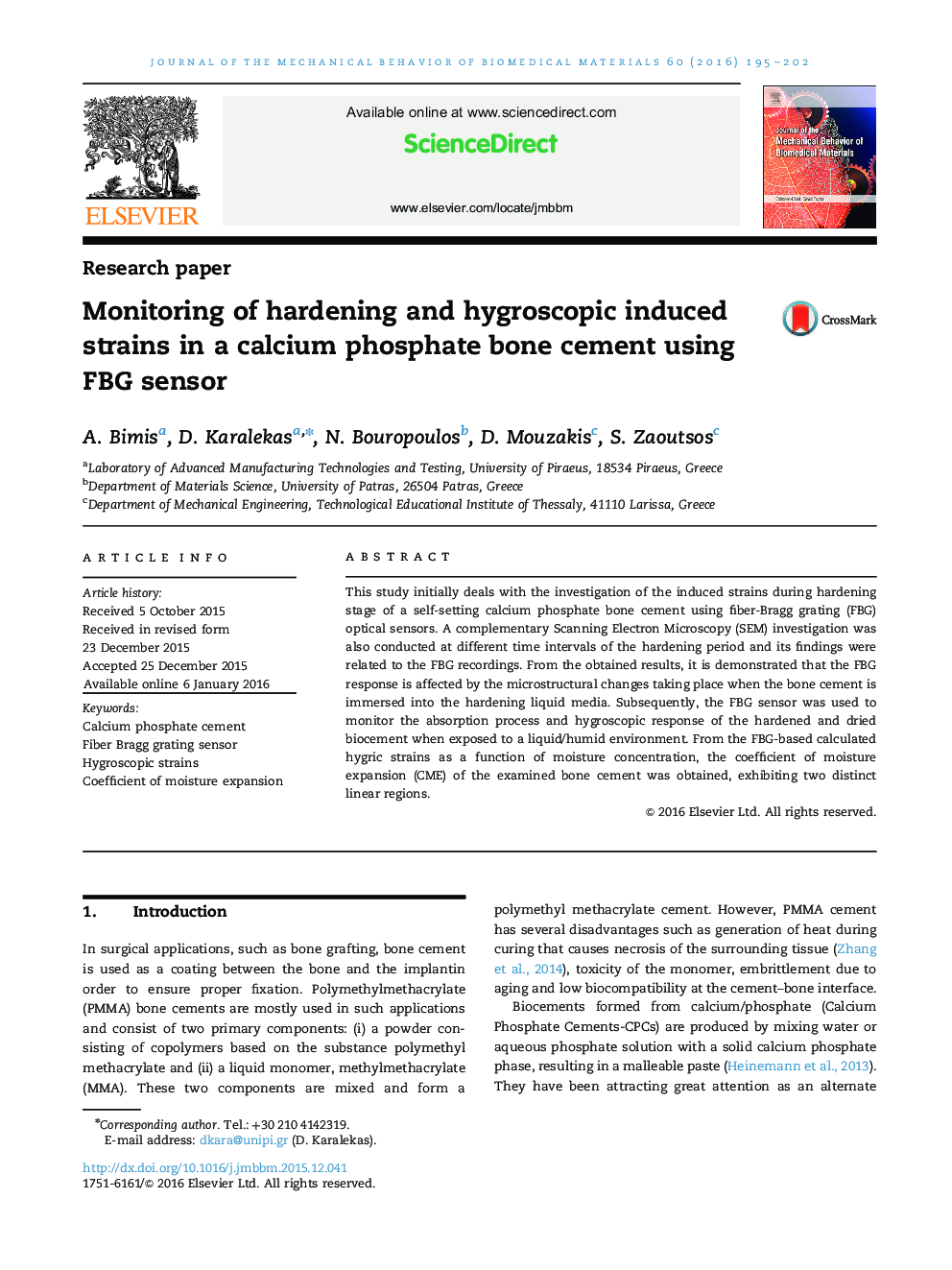 Monitoring of hardening and hygroscopic induced strains in a calcium phosphate bone cement using FBG sensor