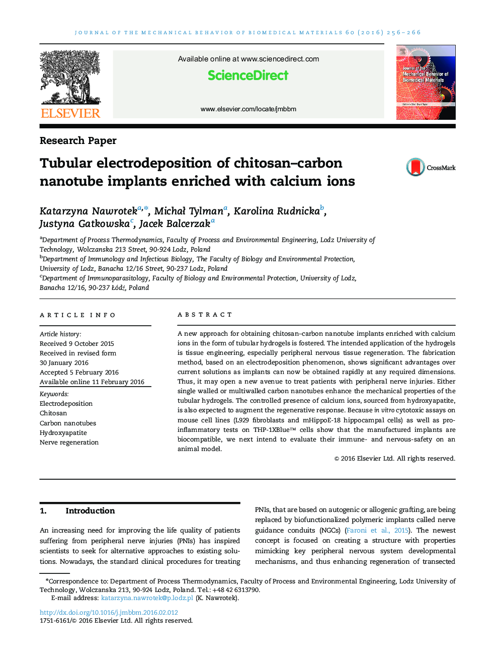 Tubular electrodeposition of chitosan-carbon nanotube implants enriched with calcium ions