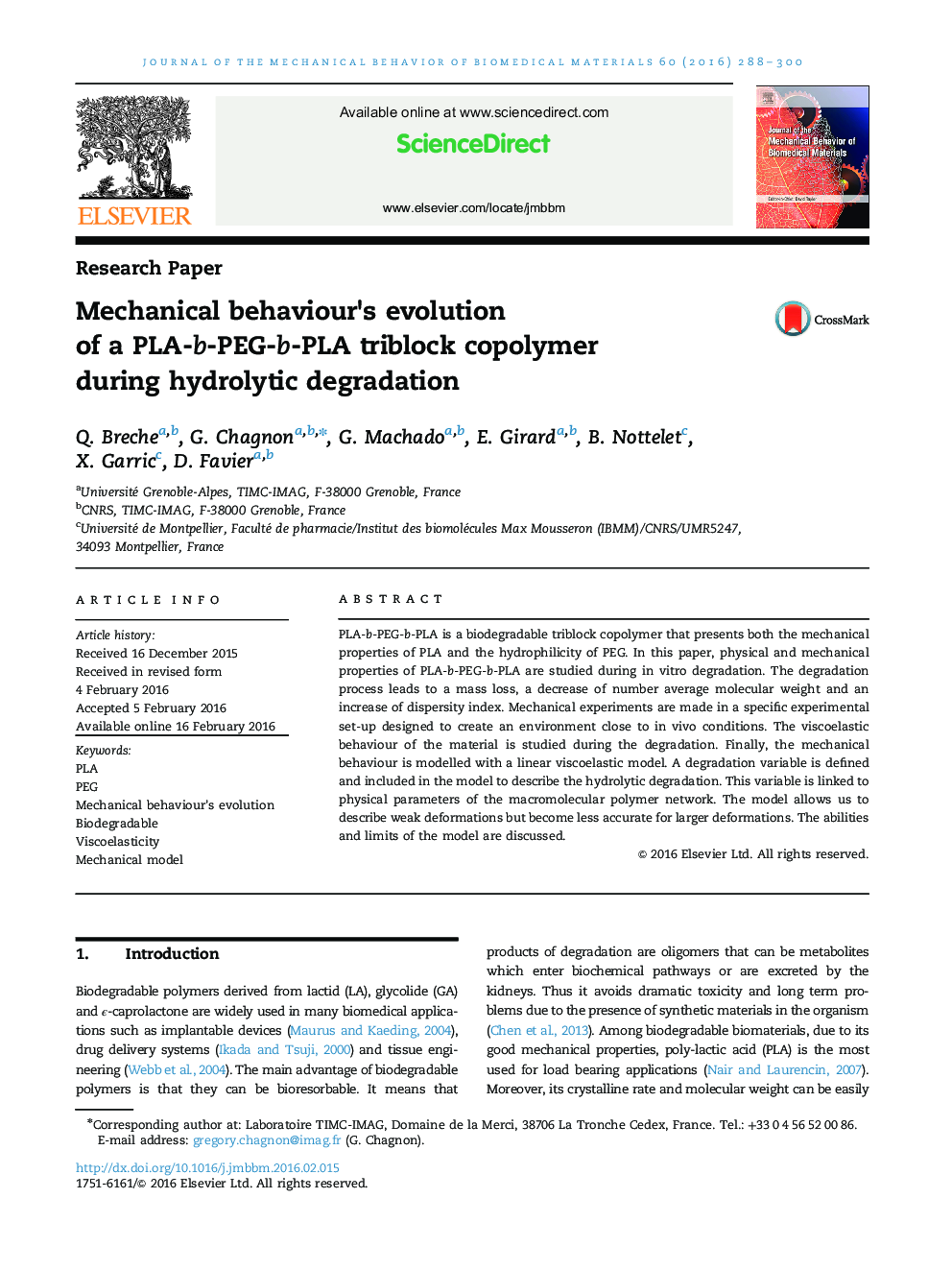 Mechanical behaviour×³s evolution of a PLA-b-PEG-b-PLA triblock copolymer during hydrolytic degradation