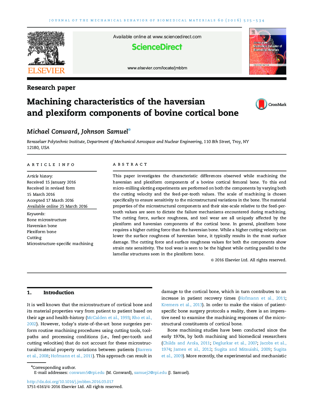 Machining characteristics of the haversian and plexiform components of bovine cortical bone