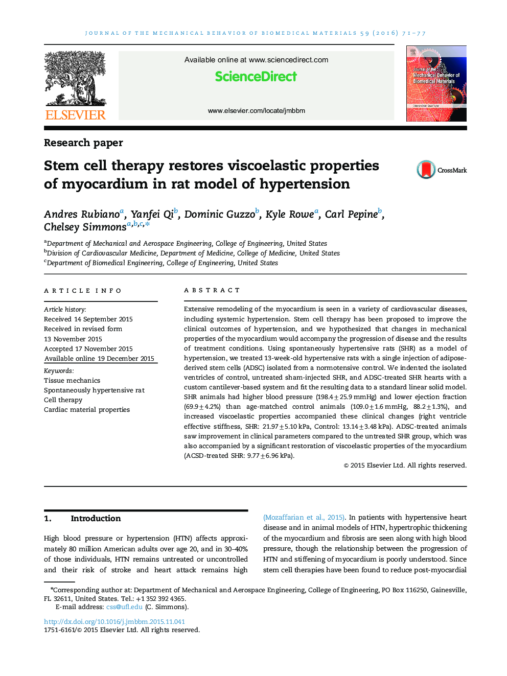 Stem cell therapy restores viscoelastic properties of myocardium in rat model of hypertension