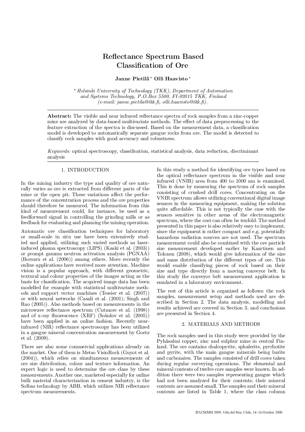 Reflectance Spectrum Based Classification of Ore