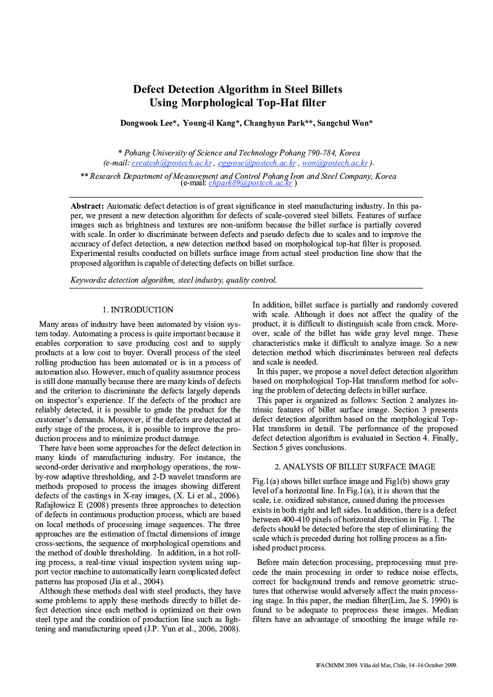 Defect Detection Algorithm in Steel Billets Using Morphological Top-Hat filter