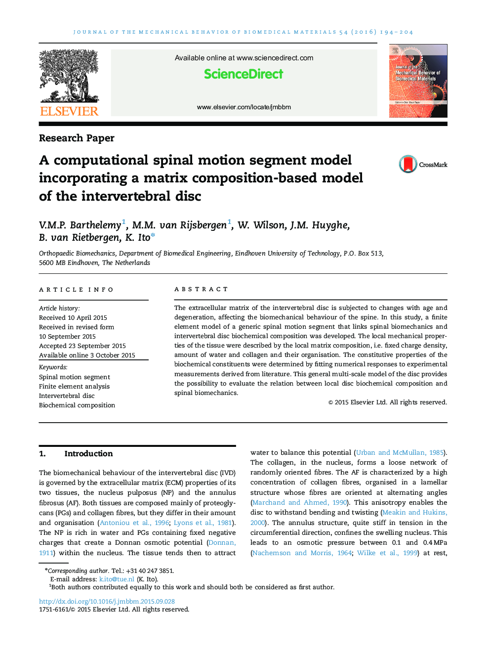 A computational spinal motion segment model incorporating a matrix composition-based model of the intervertebral disc