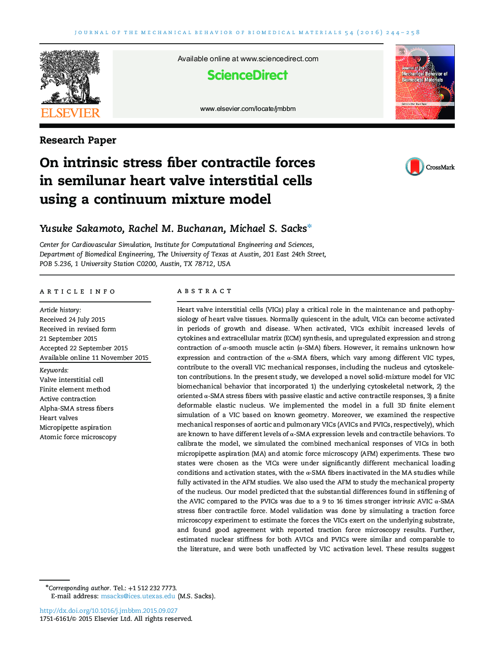 On intrinsic stress fiber contractile forces in semilunar heart valve interstitial cells using a continuum mixture model